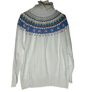 L.L. Bean Cotton Cashmere Fair Isle Turtleneck Sweater Women's Size XL White